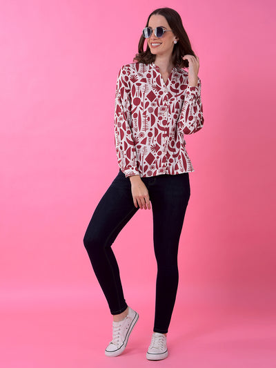 Maroon Printed V-Neck Shirt