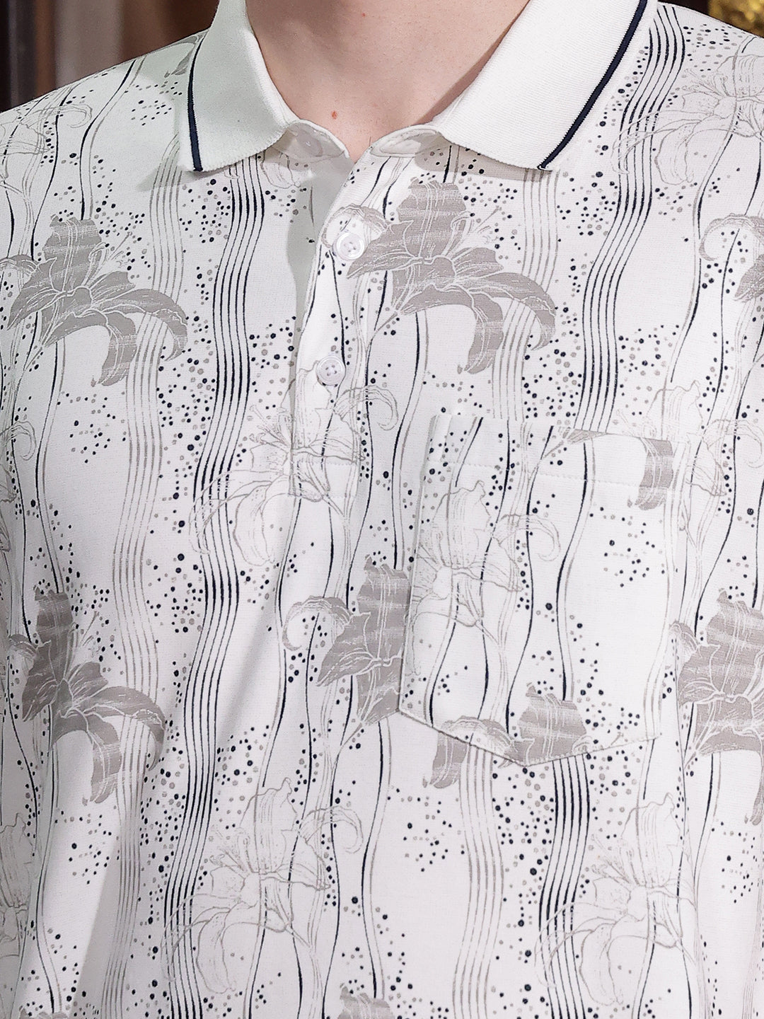 Off White Floral Print Polo Neck T-Shirt