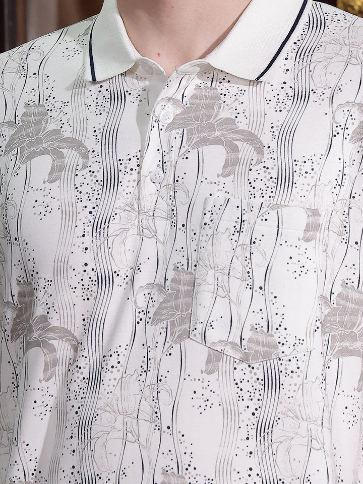 Off White Floral Print Polo Neck T-Shirt