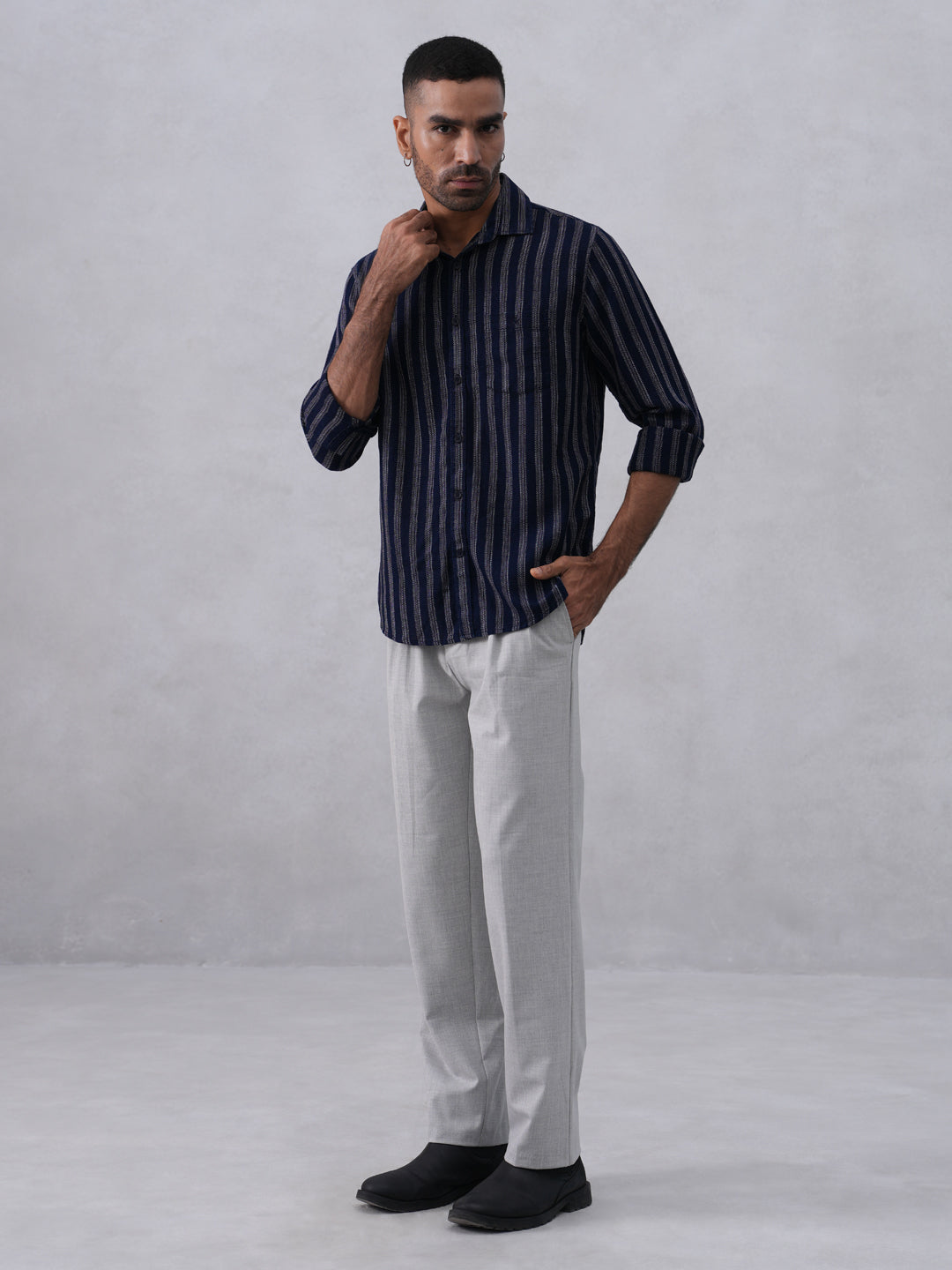 Navy Blue Vertical Stripes 100% Cotton Shirt