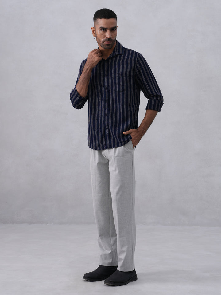 Navy Blue Vertical Stripes 100% Cotton Shirt