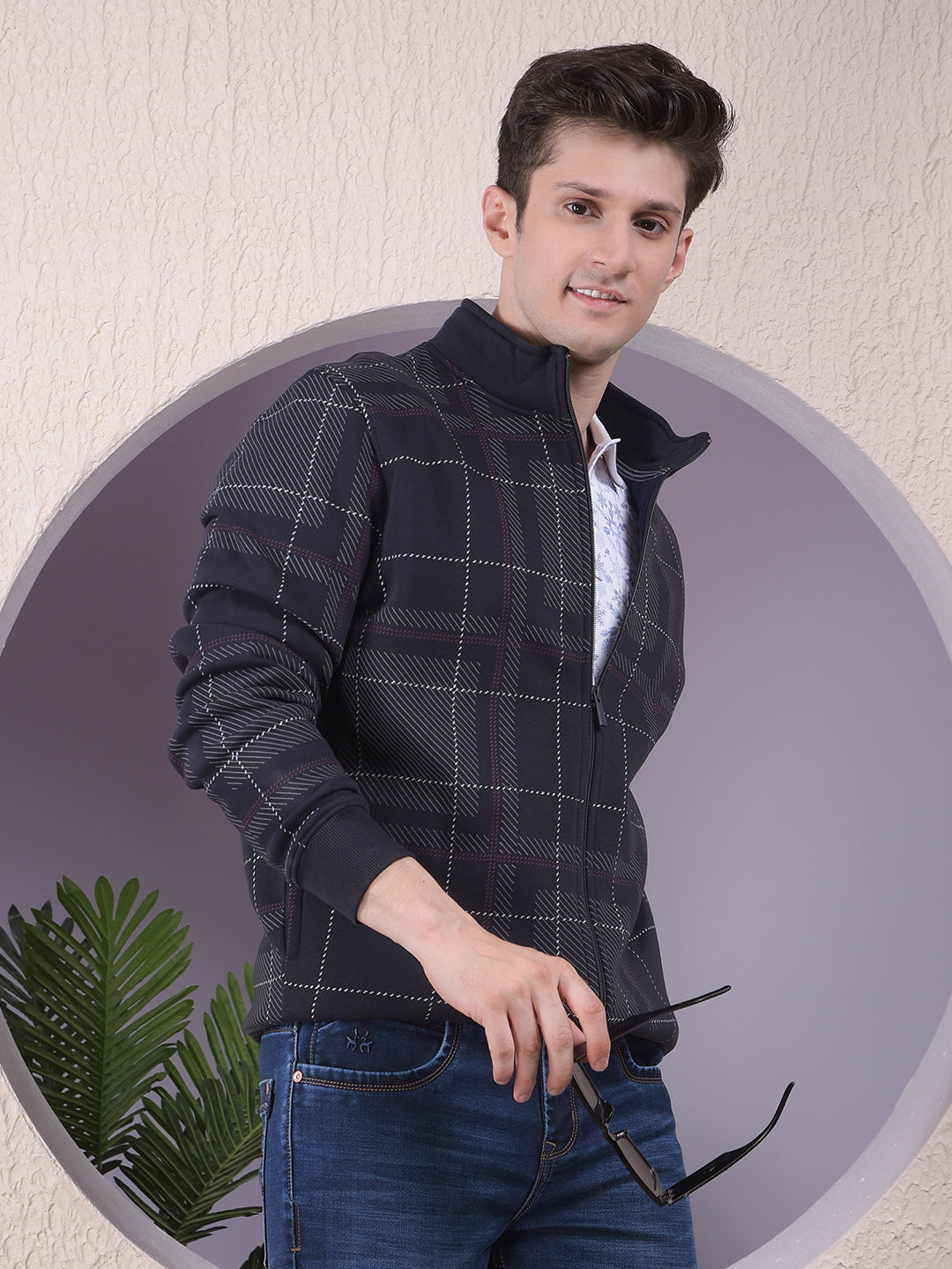 Sleek Navy Blue Checked Sweatshirt