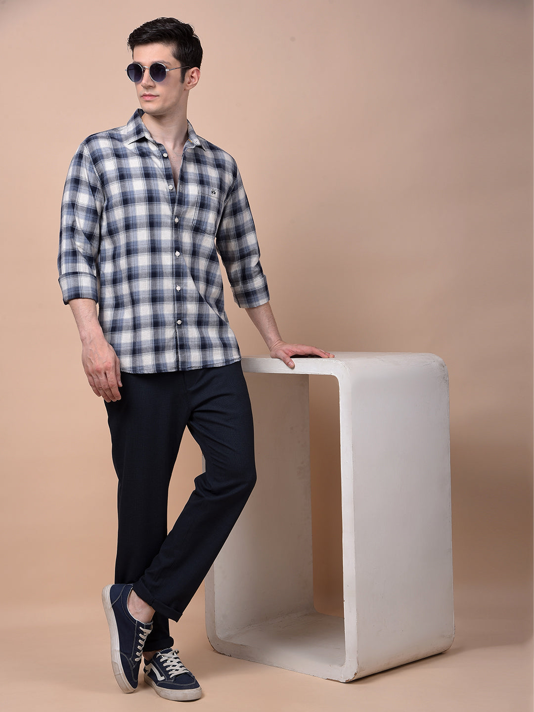Navy Blue Checked 100% Cotton Shirt