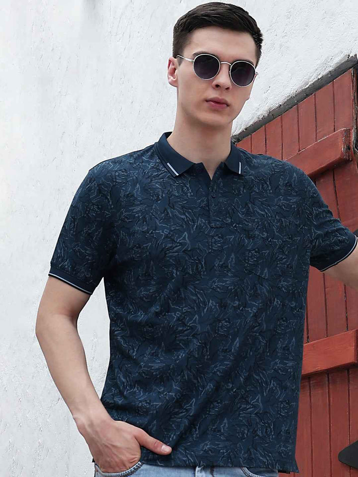 Blue Floral Print Polo Neck T-Shirt