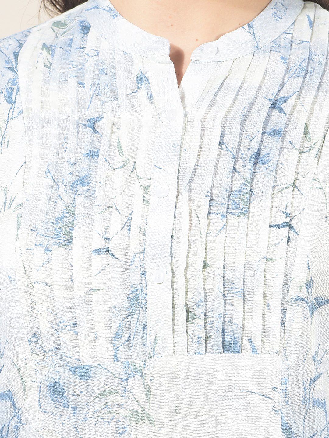 Sky Blue Linen Round Neck Floral Printed Top