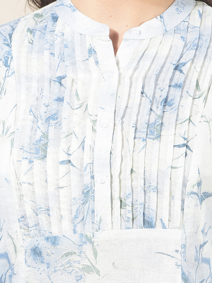 Sky Blue Linen Round Neck Floral Printed Top