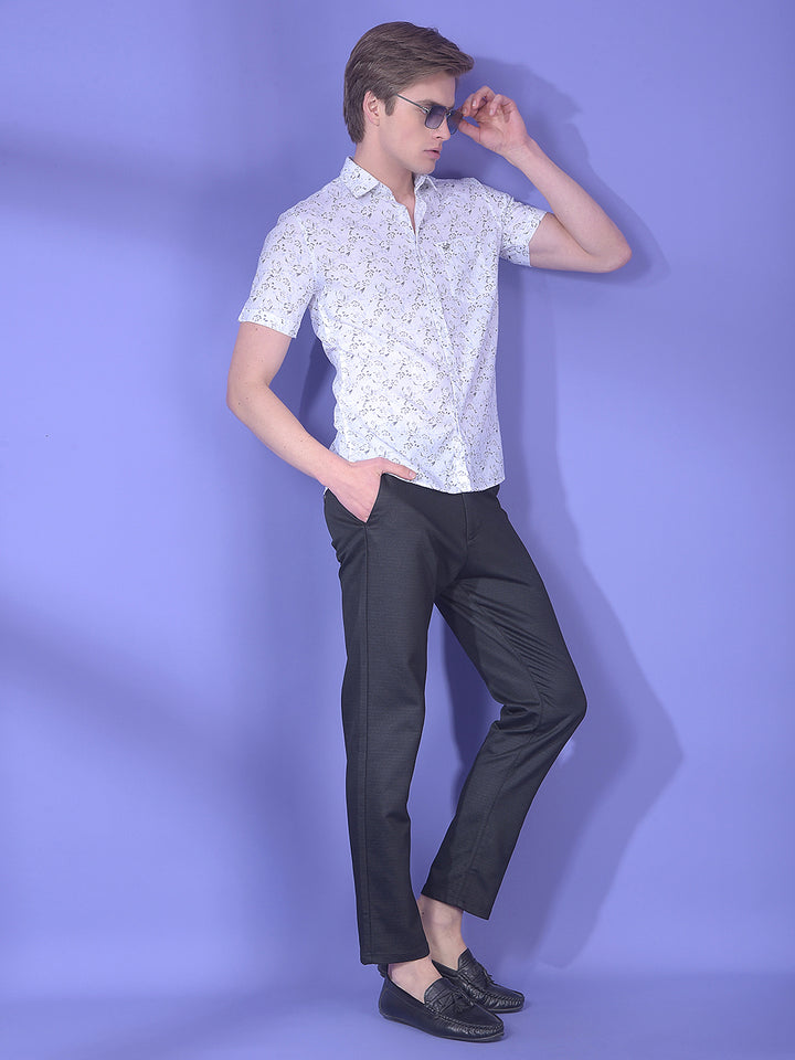 White Floral Print Linen Shirt