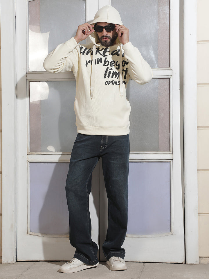 Off White Typographic Print Hooded Neck Sweatshirt