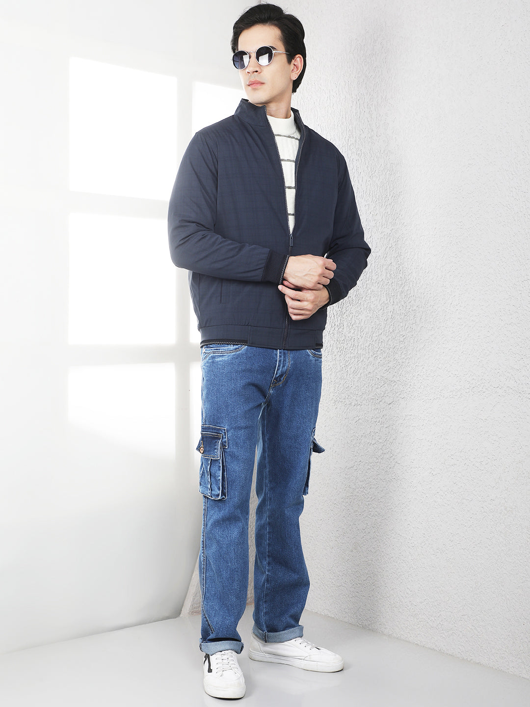 Navy Blue Checked High Neck Puffer Jacket