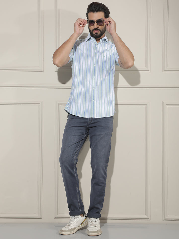 Green Vertical Striped 100% Cotton Shirt