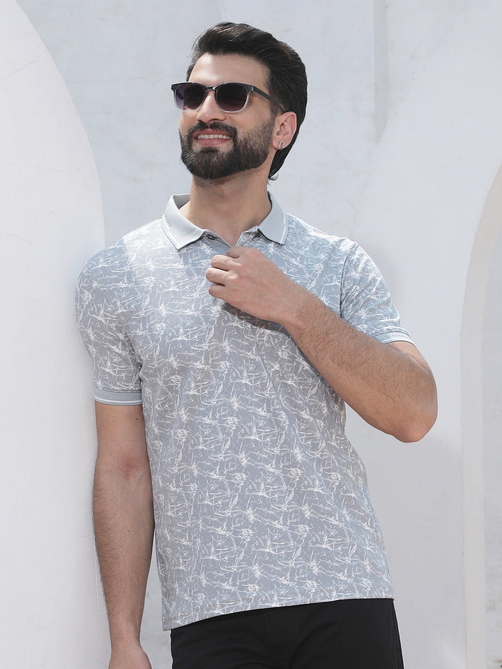 Grey Abstract Print Polo Neck T-Shirt