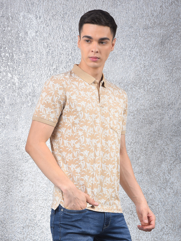 Beige Floral Print Polo-Neck T-Shirt