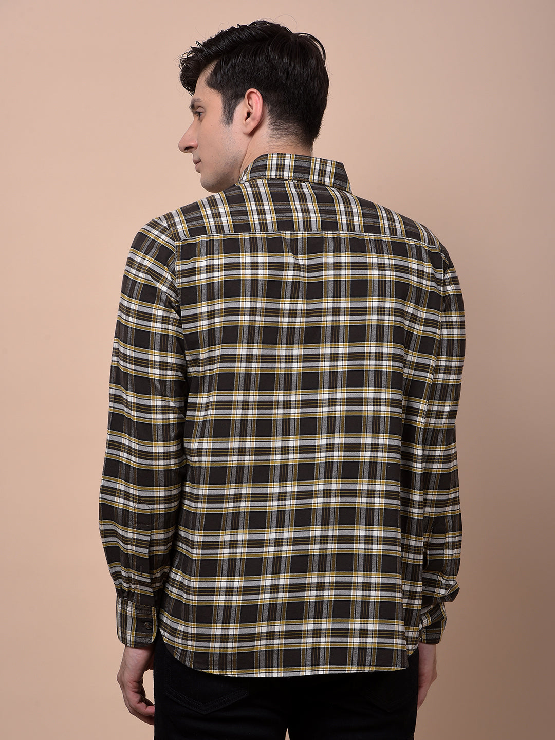 Olive Checked Button-Down Collar 100% Cotton Shirt