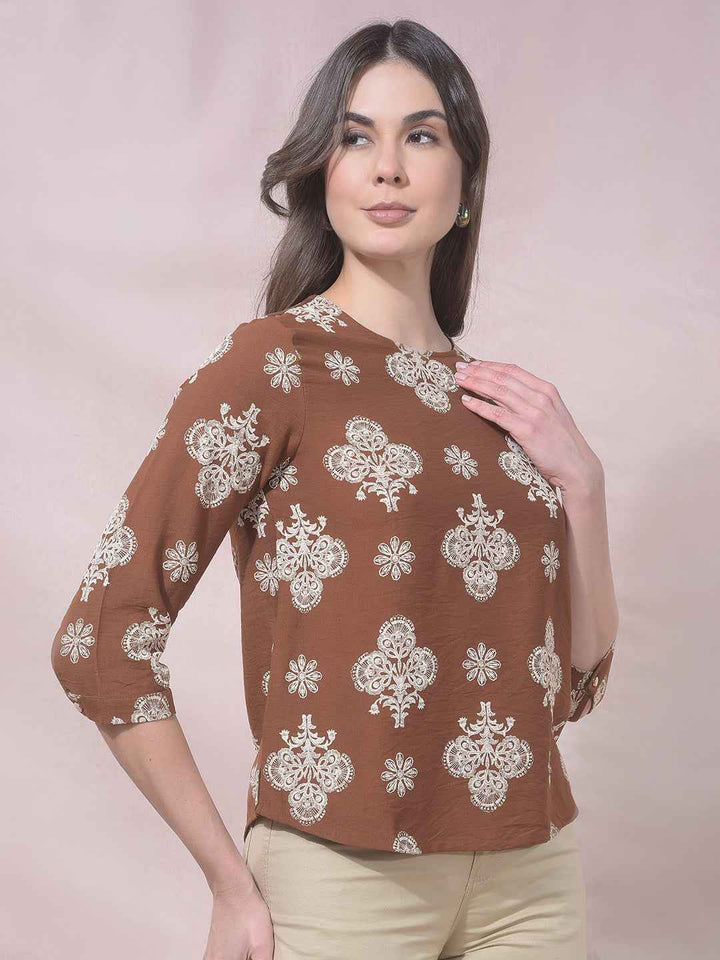 Brown Buti Embroidered Top