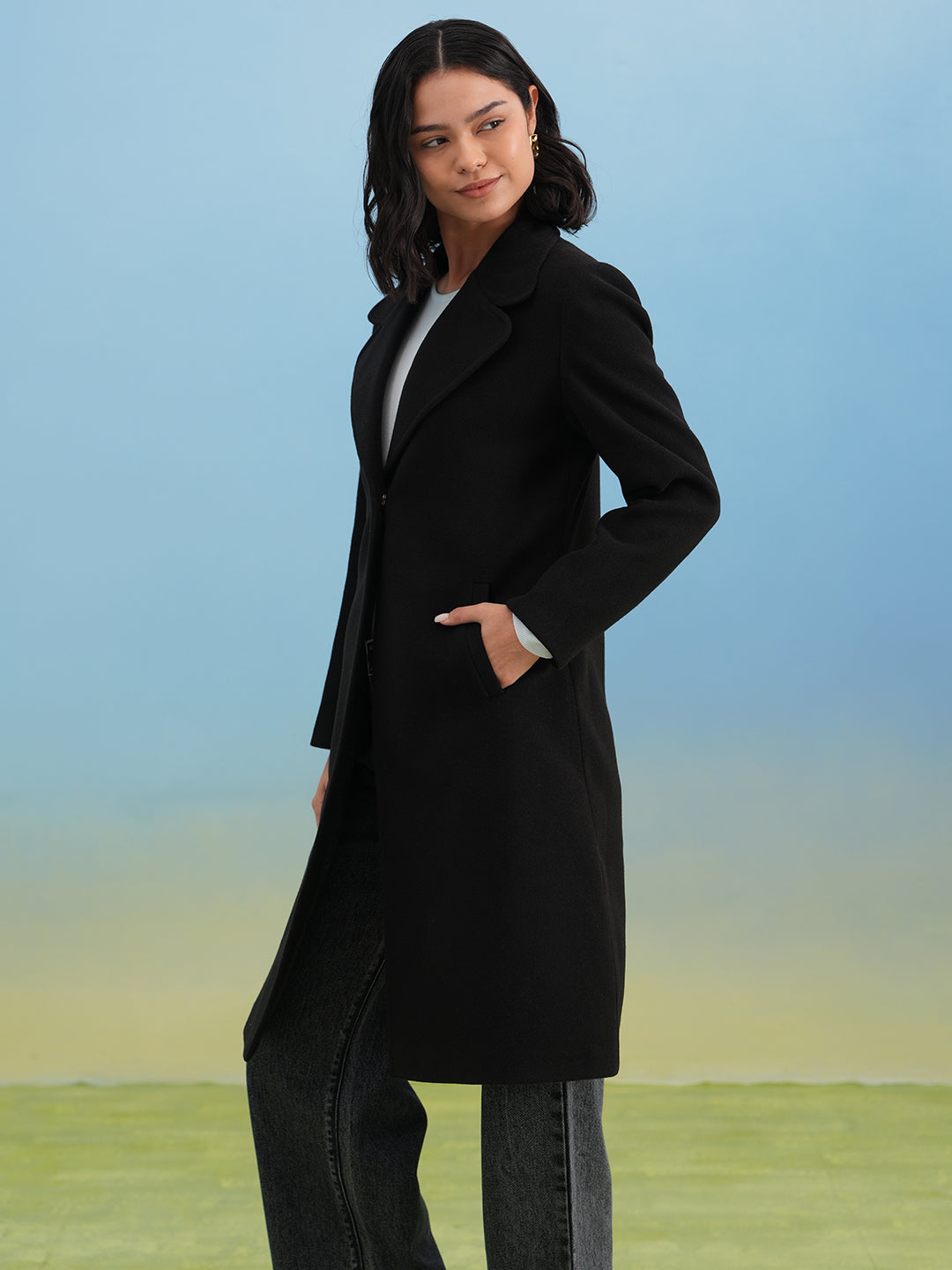 Black Notched-Lapel Over-Coat