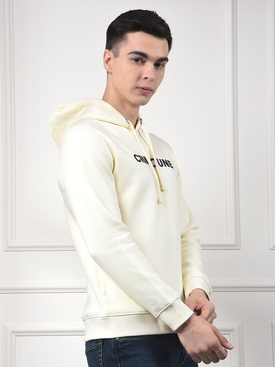 Cream Typographic Print Hooded Neck Sweatshirt