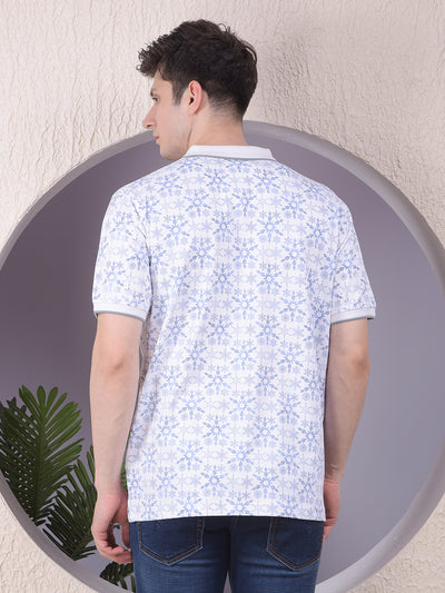 Blue Floral Print Polo-Neck T-Shirt
