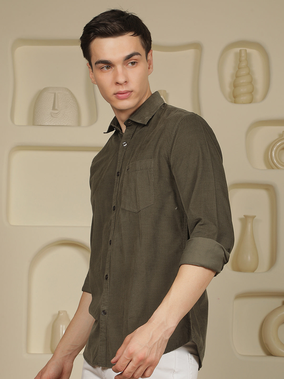 Sleek Forest Olive Corduroy Shirt
