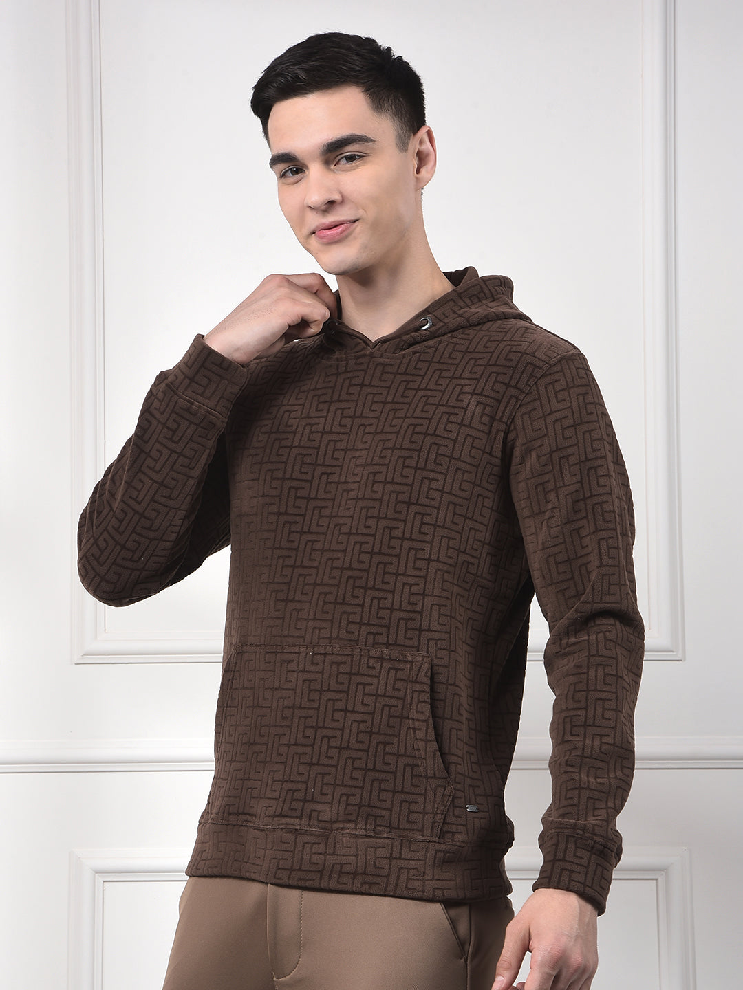 Brown Jacquard Hooded Neck Sweatshirt