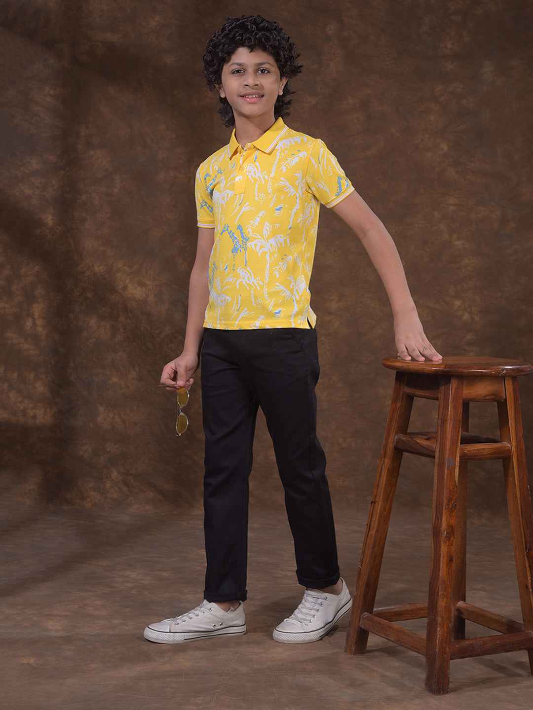Yellow Floral Print Polo Neck T-Shirt