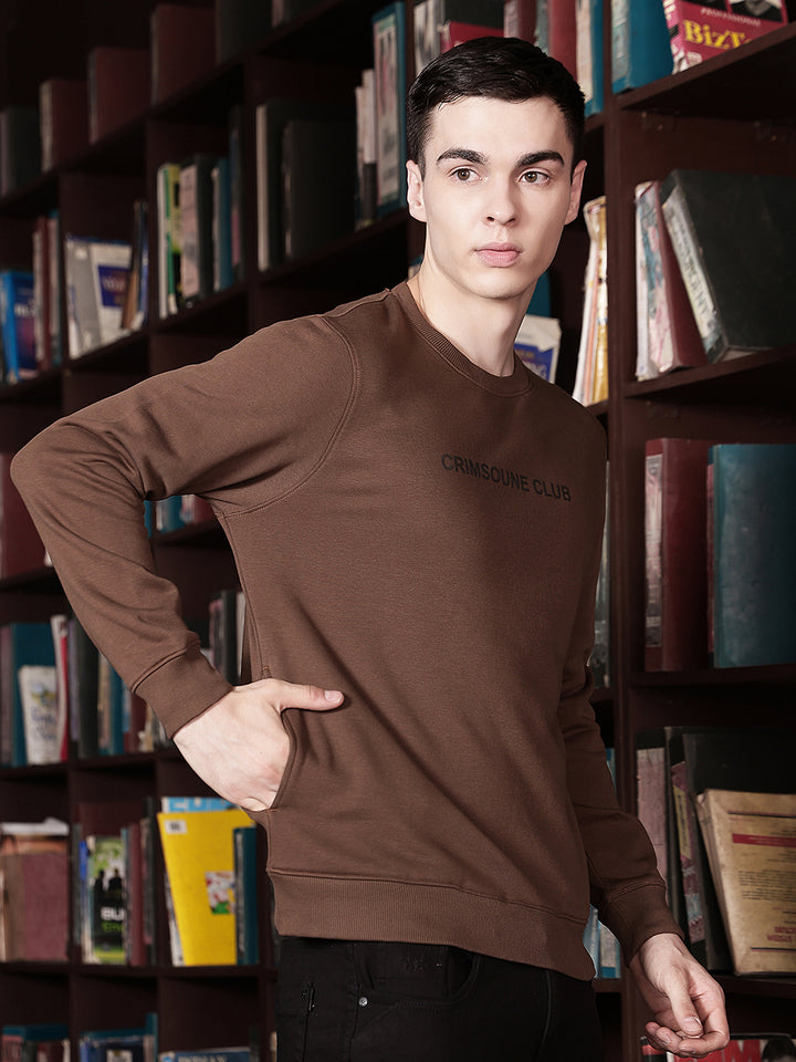 Brown Typographic Print Round Neck Sweatshirt