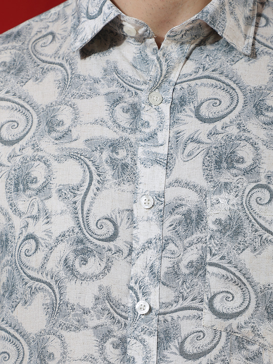 Blue Floral Print Linen Kurta