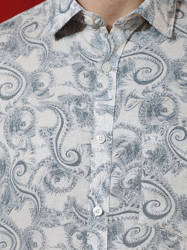 Blue Floral Print Linen Kurta