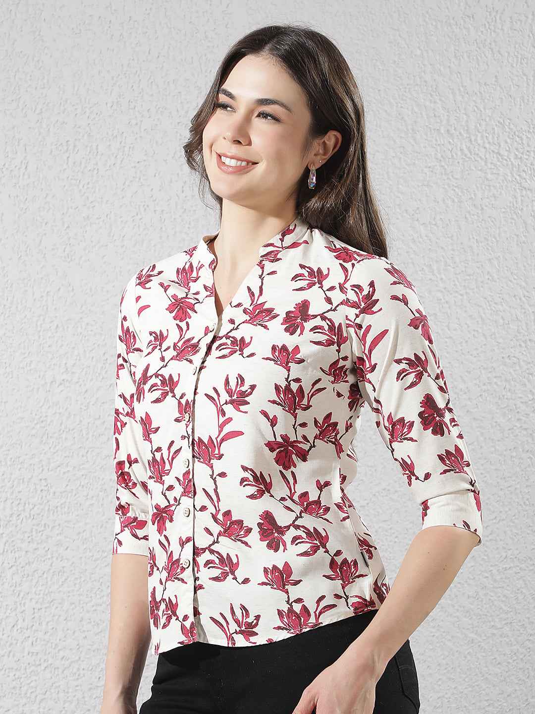 Red Floral Print V-Neck Linen Shirt
