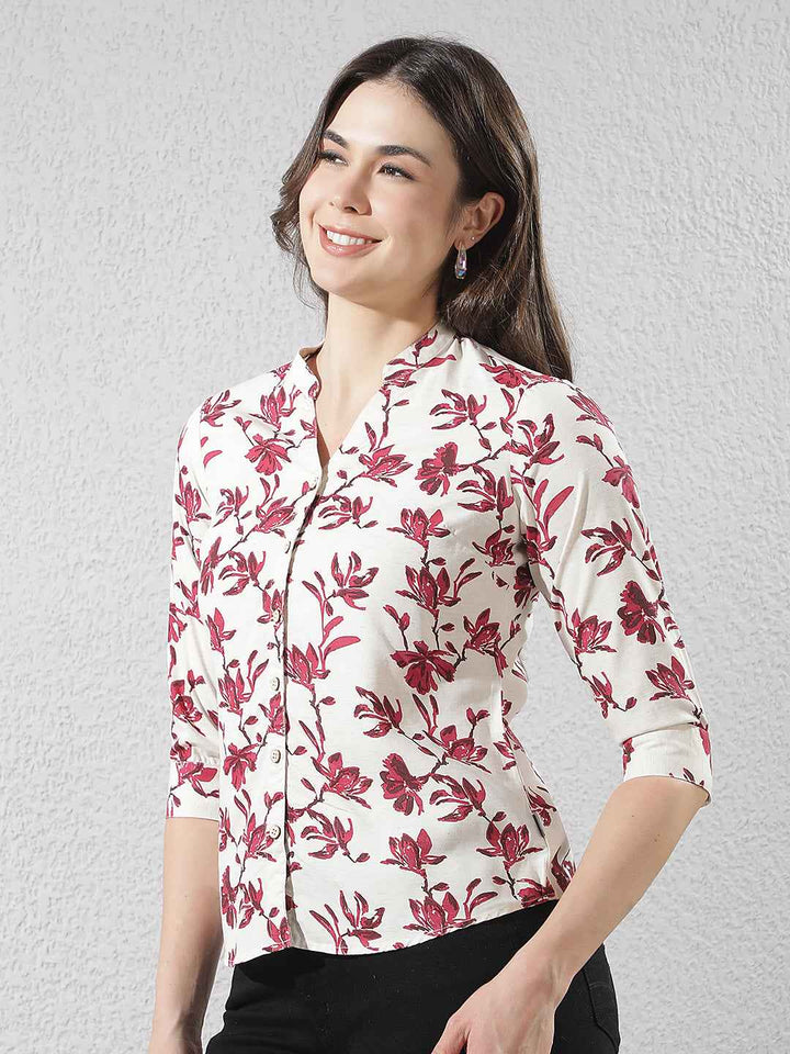 Red Floral Print V-Neck Linen Shirt
