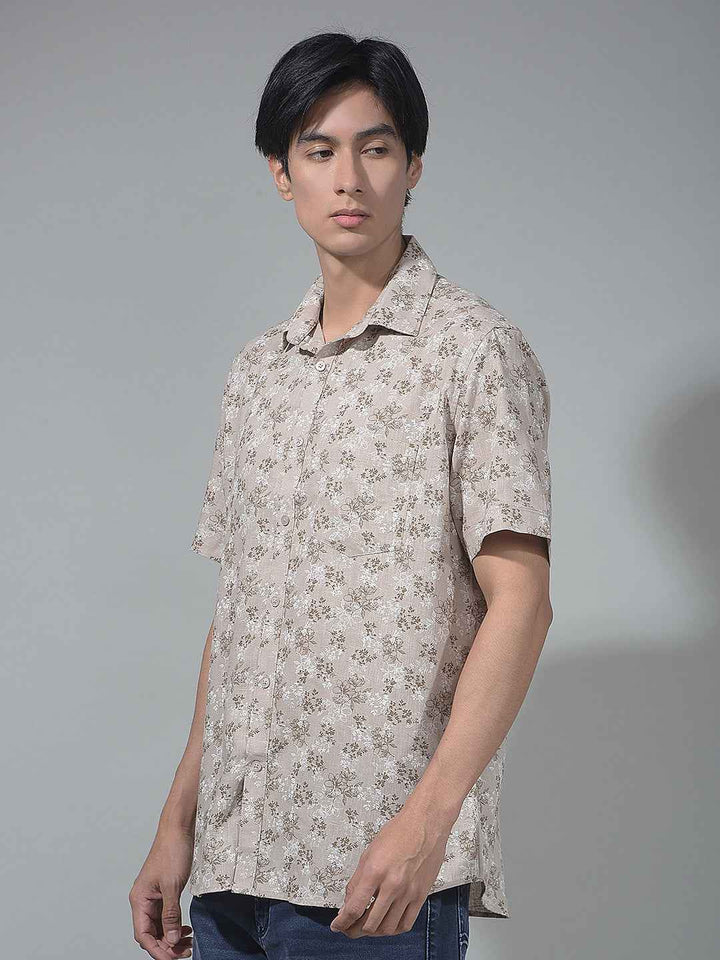 Beige Floral Print Linen Shirt