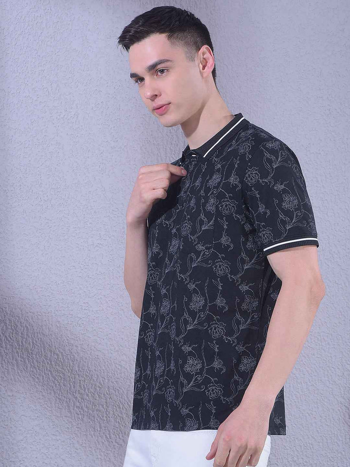 Black Floral Print Polo Neck T-Shirt