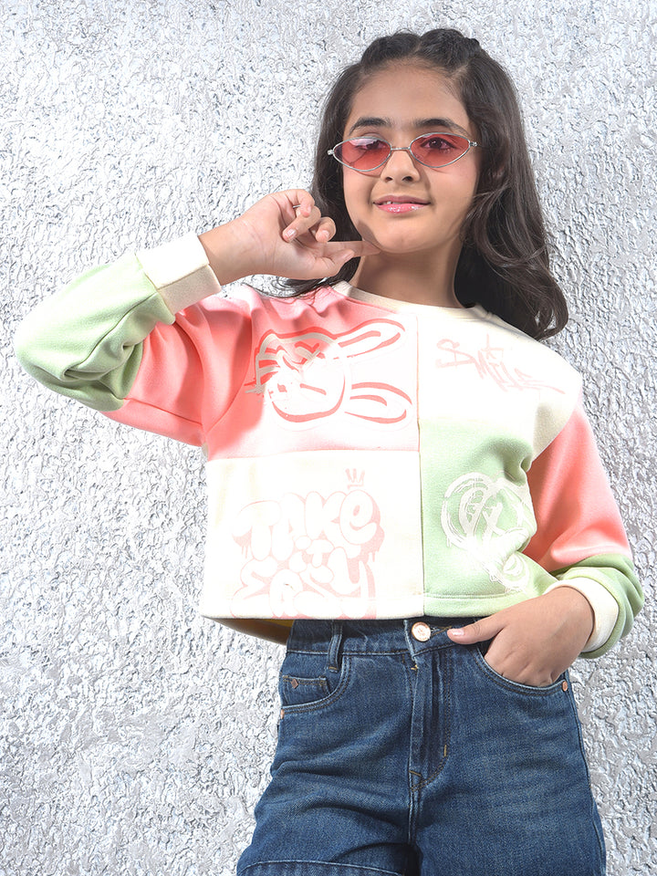 Color-Block Cropped Knitted Sweatshirt-Girls Sweatshirts-Crimsoune Club