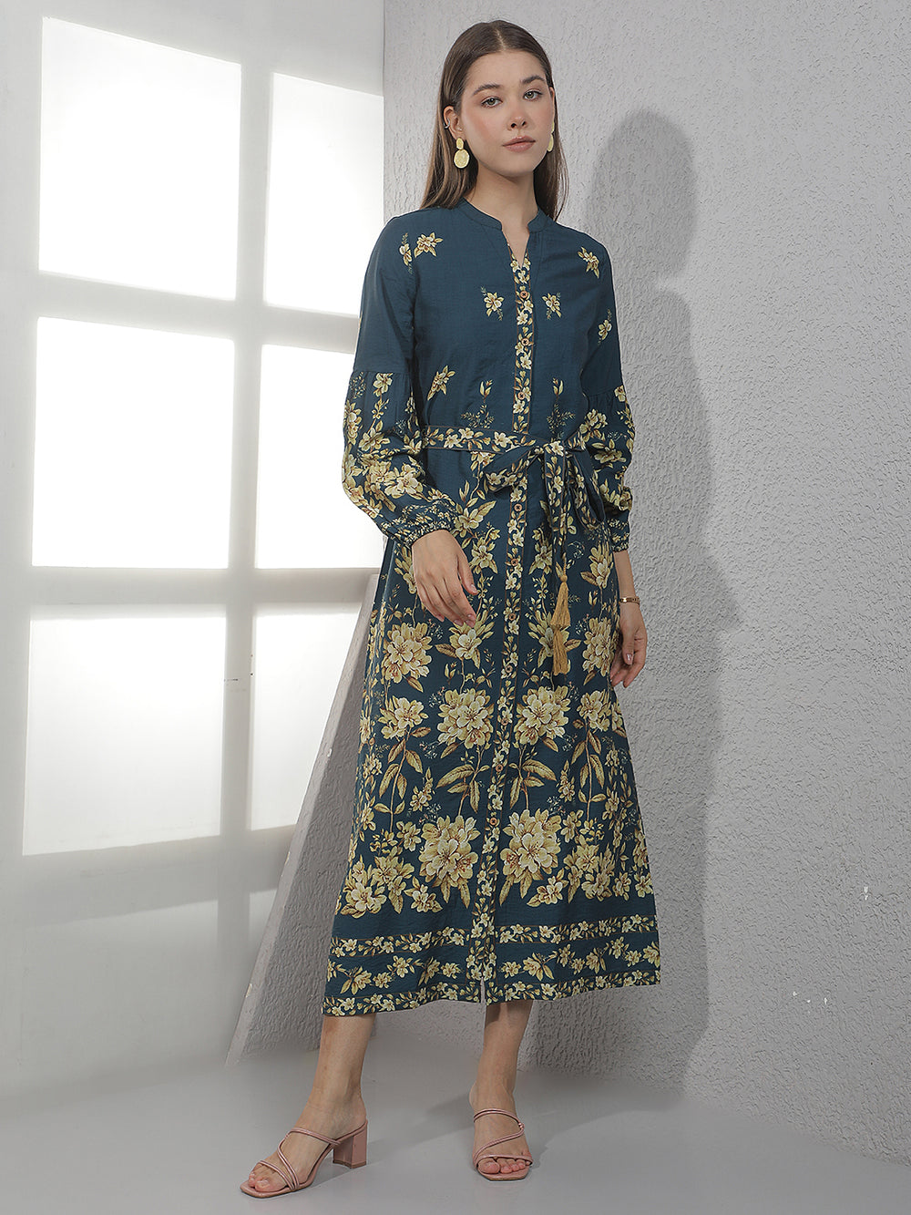 Blue Floral Print Midi Shirt Dress With Belt