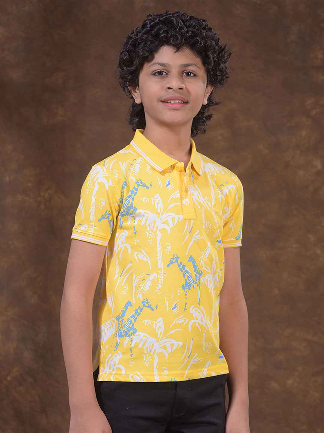 Yellow Floral Print Polo Neck T-Shirt