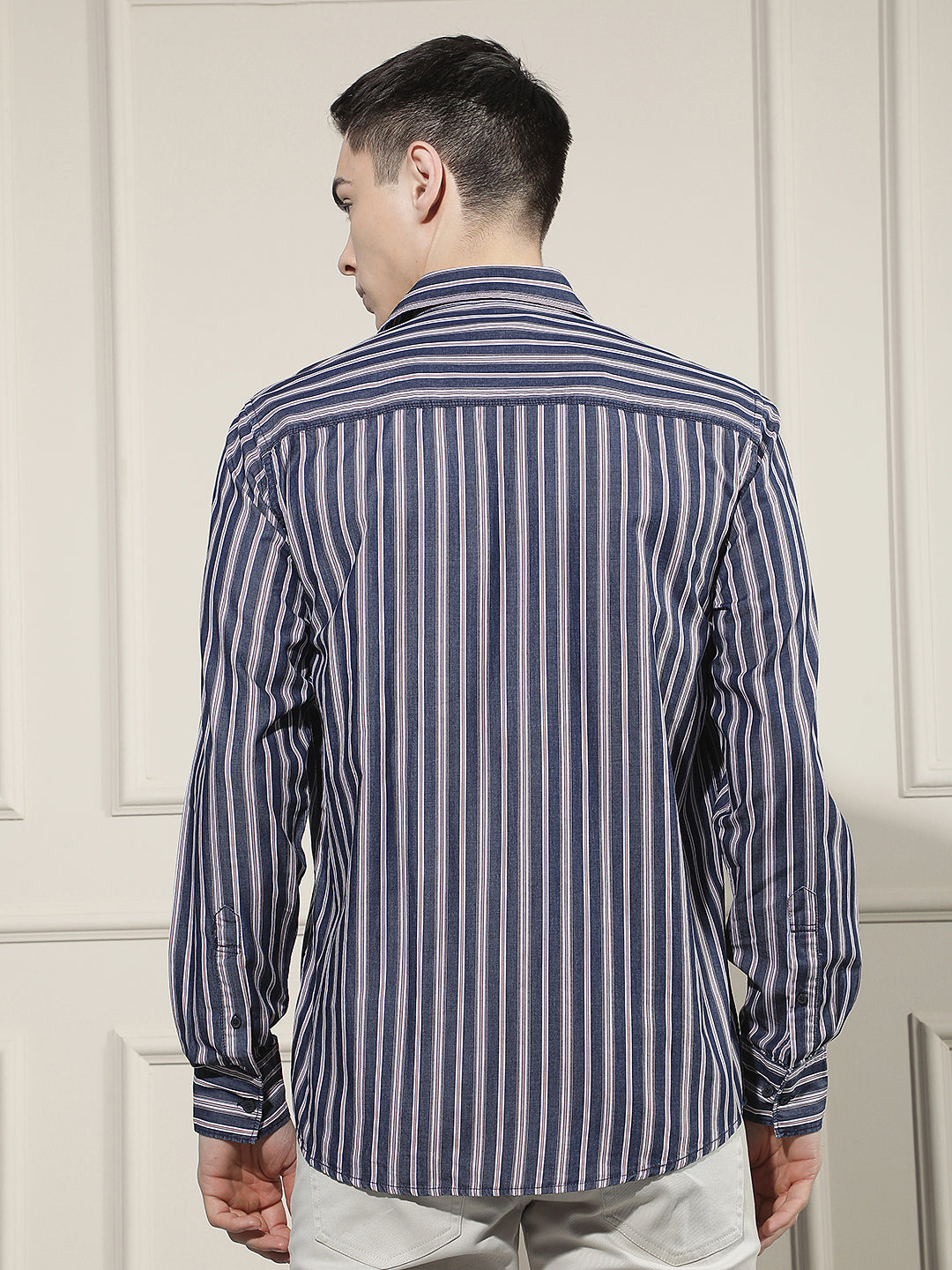 Navy Blue Vertical Stripes 100% Cotton Shirt