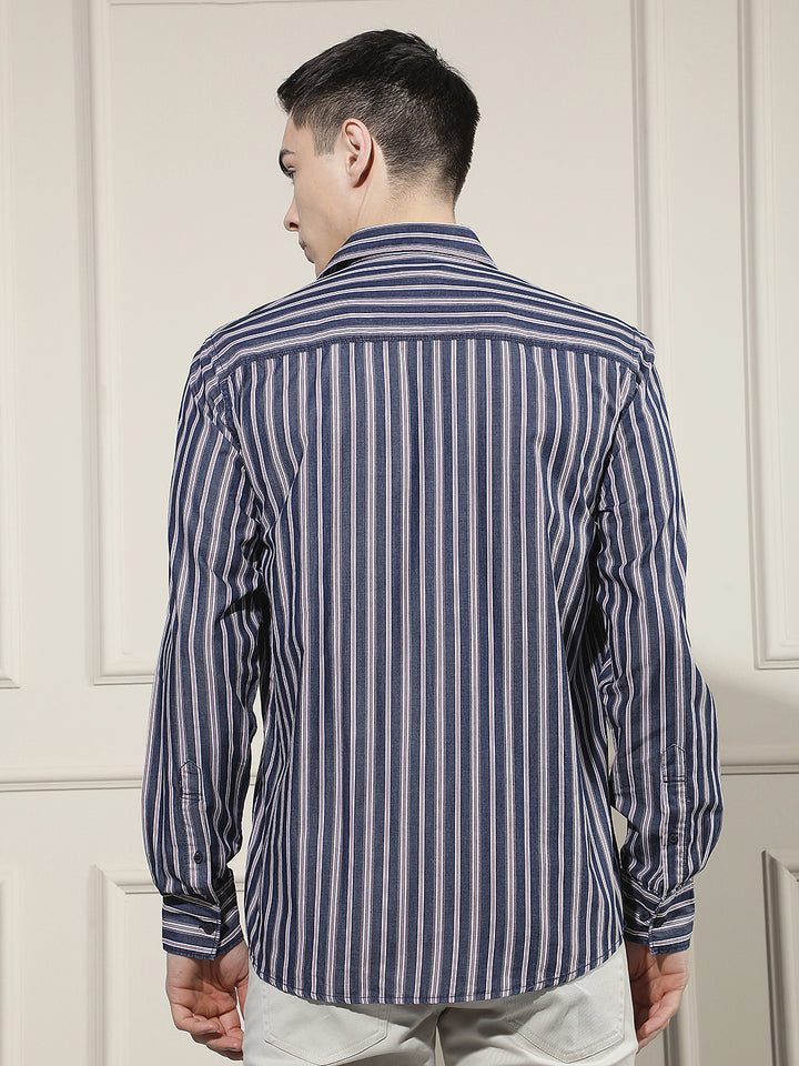 Navy Blue Vertical Stripes 100% Cotton Shirt