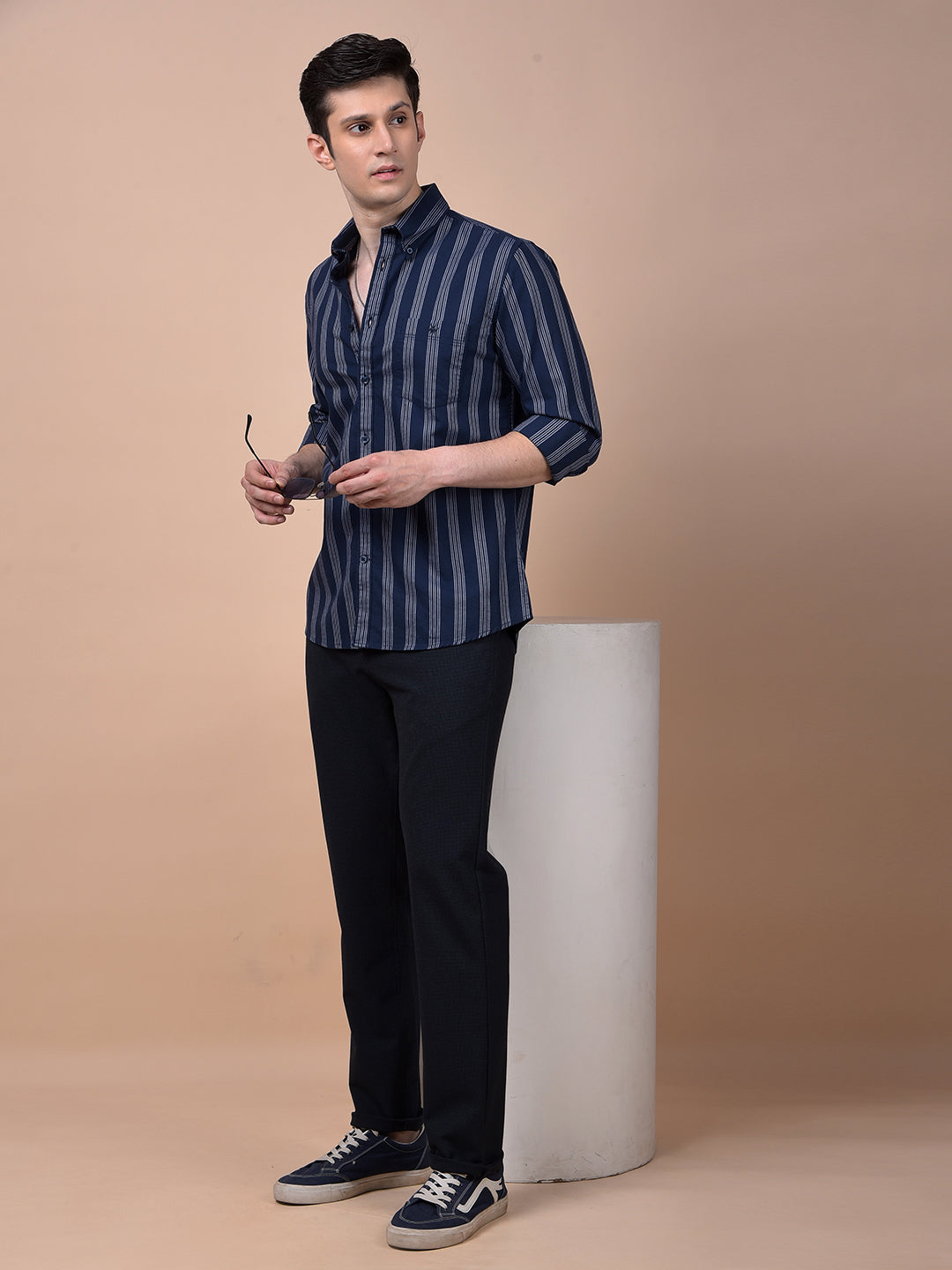 Navy Blue Vertical Stripes Button-Down Collar 100% Cotton Shirt