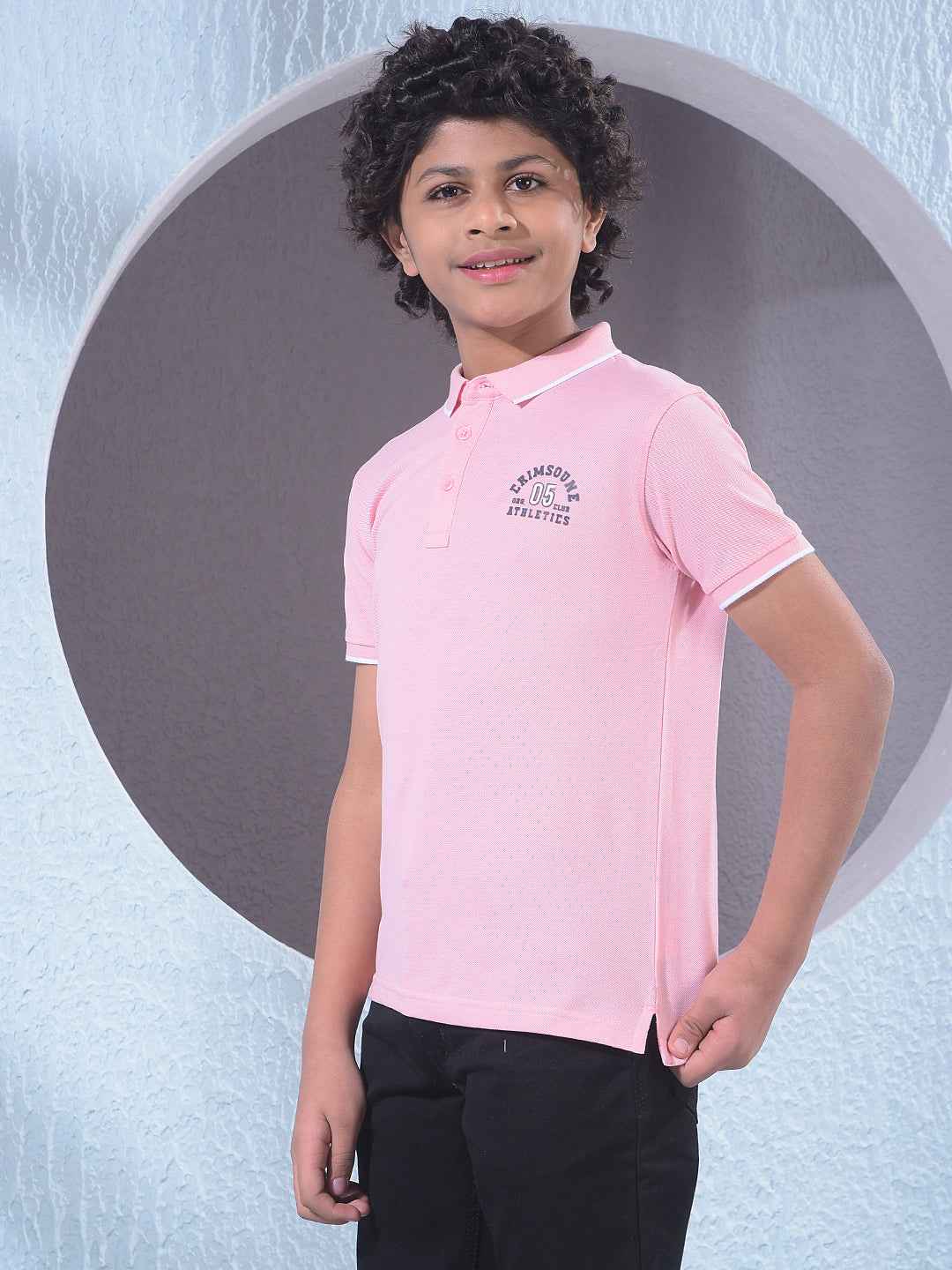 Pink Typographic Print Polo Neck T-Shirt