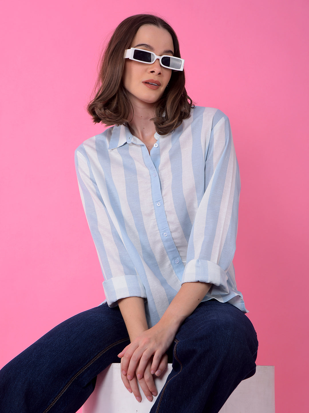 Blue Vertical Stripes Linen Shirt