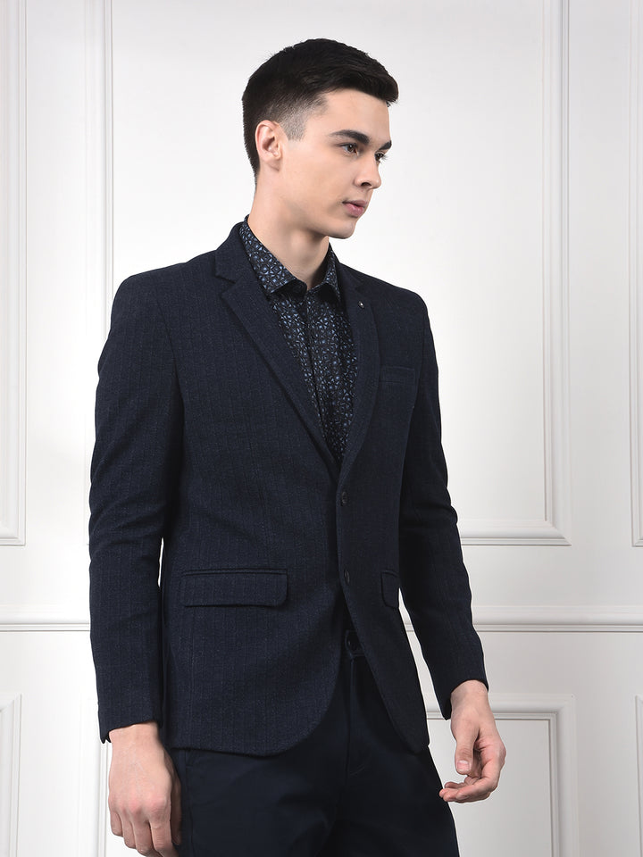 Navy Blue Vertical Stripes Notched Lapel Single-Breasted Blazer