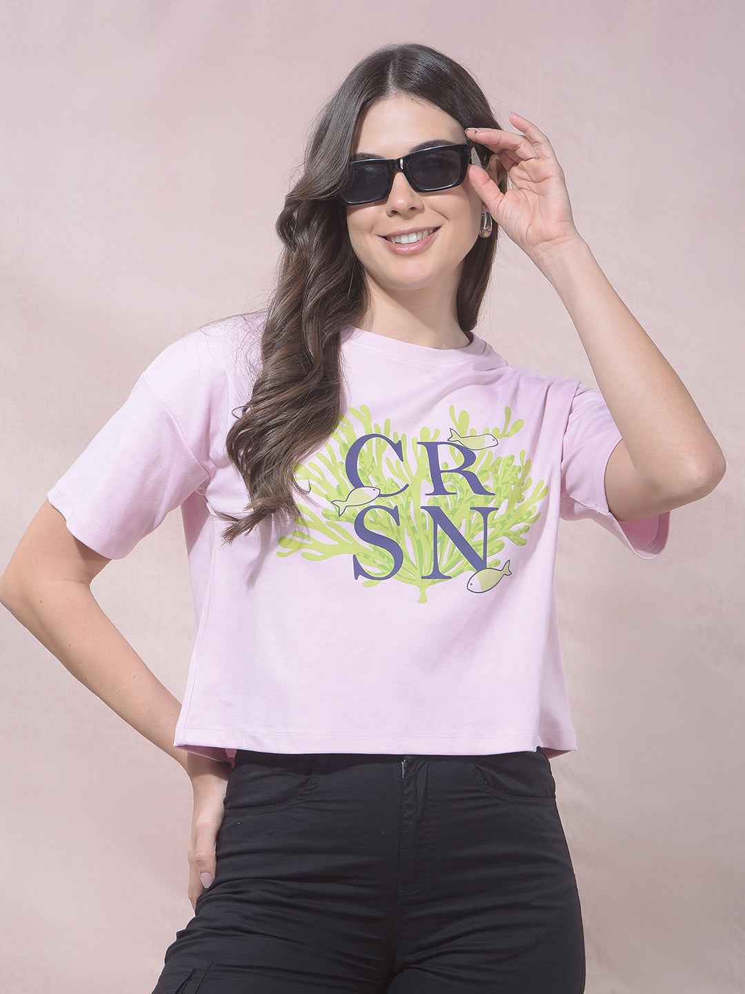 Pink Typographic Print Cropped T-Shirt