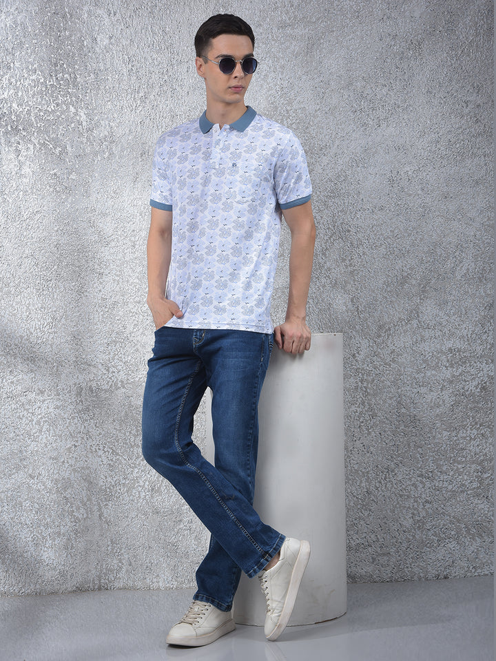 Blue Floral Print Polo Neck T-Shirt