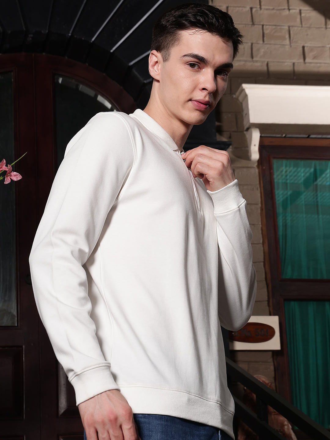 Off White Polo Neck Front Open Sweatshirt