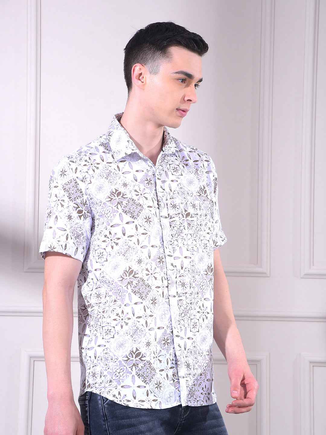 Brown 100% Cotton Floral Print Shirt