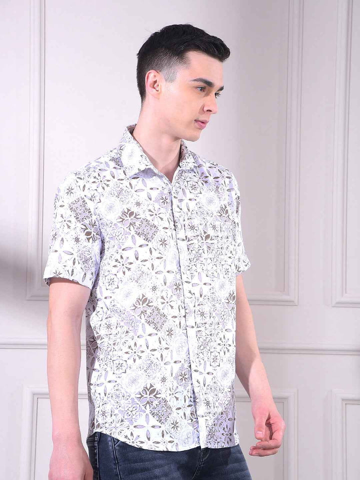 Brown 100% Cotton Floral Print Shirt
