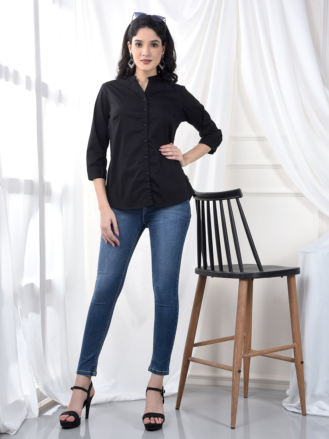 Jet Black Soft-Touch Mandarin Collar Shirt