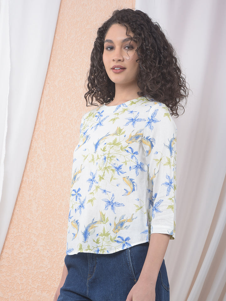 Blue Floral Printed Linen Top
