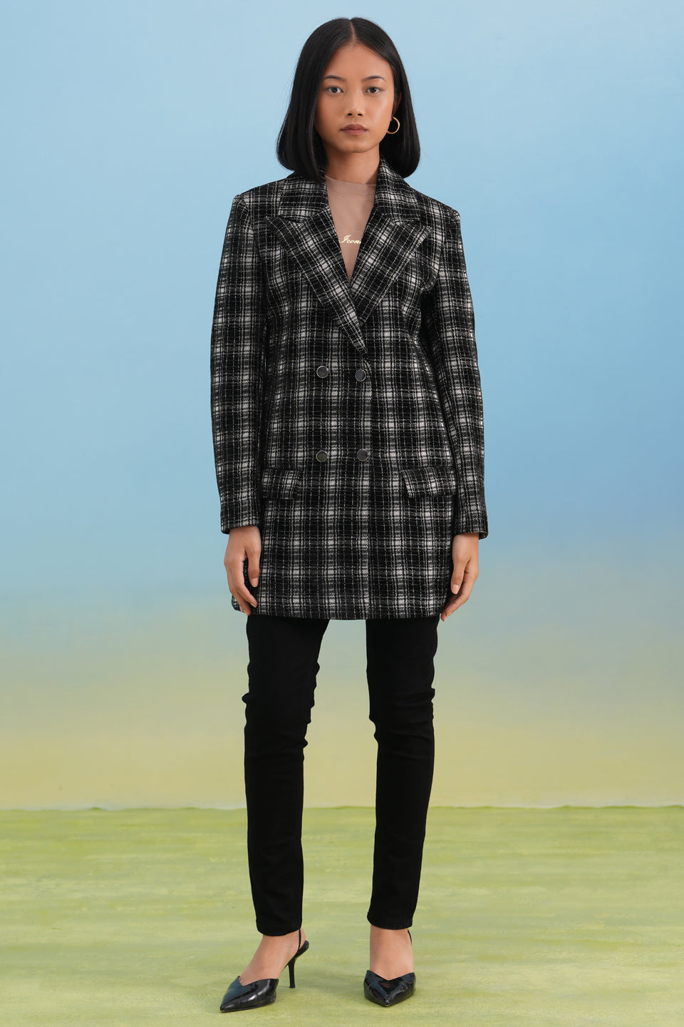 Black Checked Notched-Lapel Double-Breasted Coat