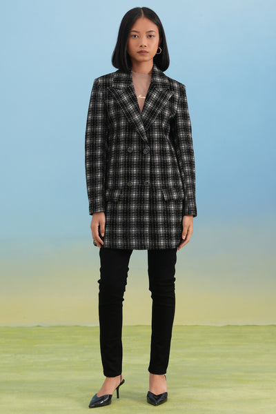 Black Checked Notched-Lapel Double-Breasted Coat