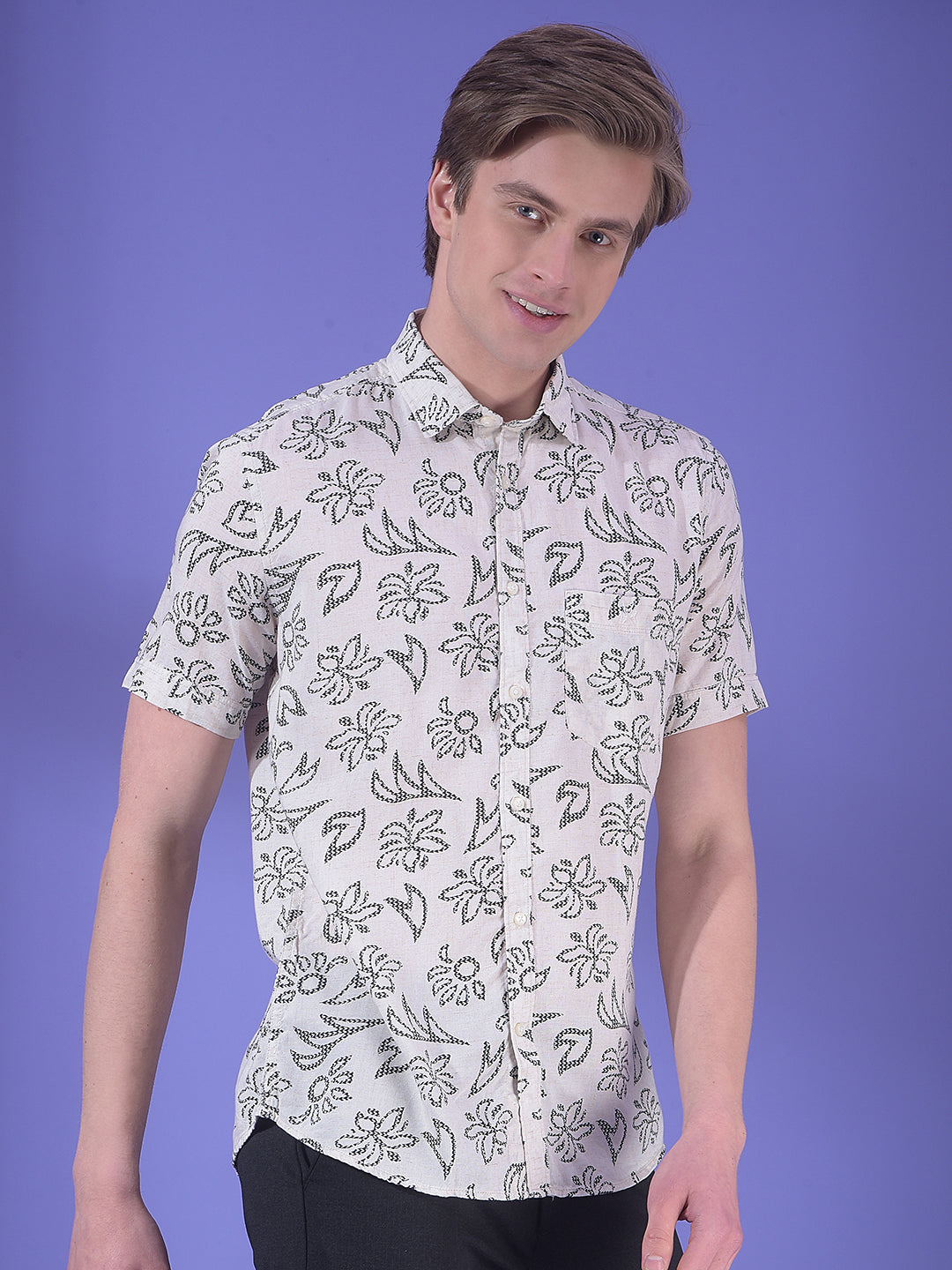 Beige Floral Print Linen Shirt